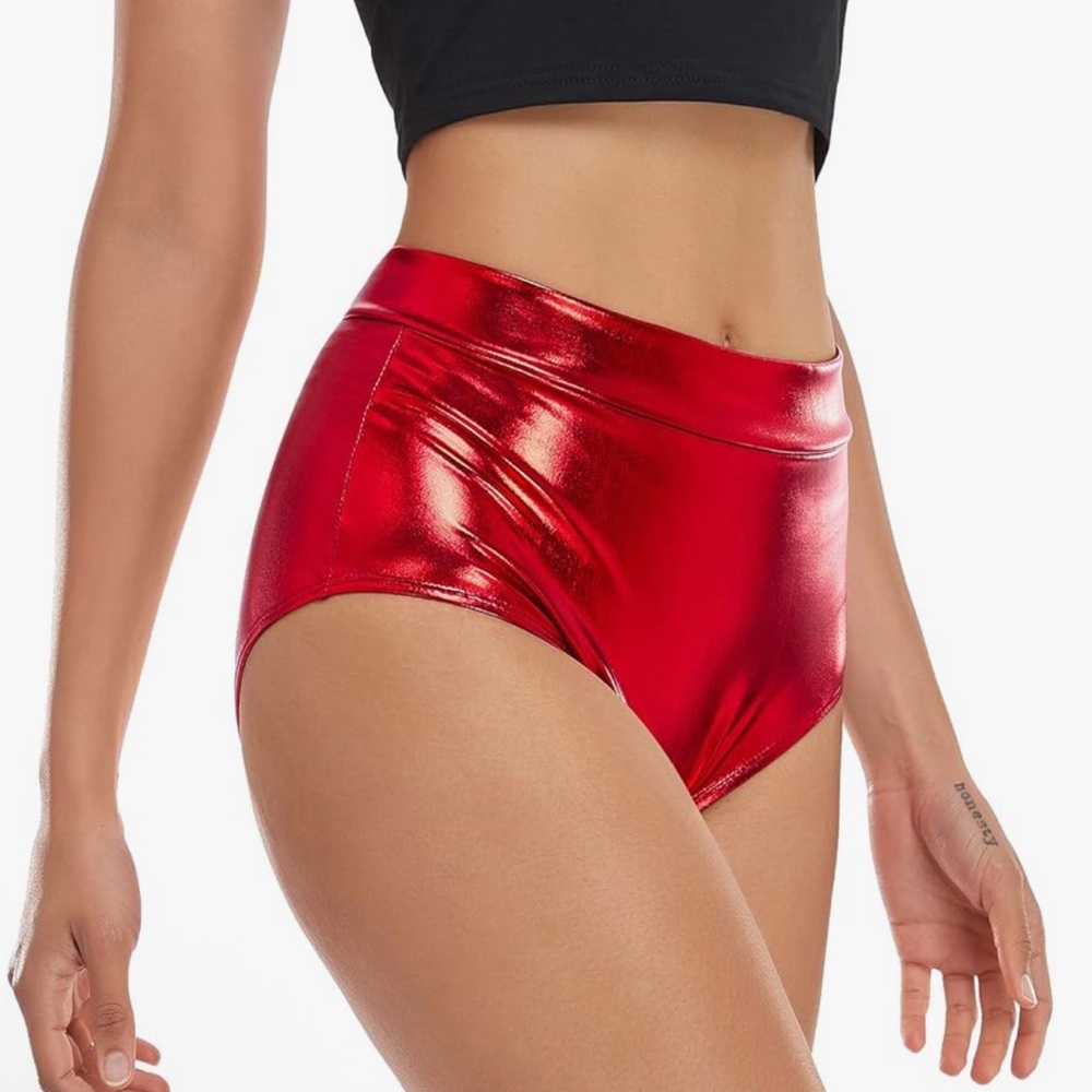 NWT Set of 2 High-Waisted Metallic Rave Booty Shorts - Red & Silver - Medium - Picture 2 of 5